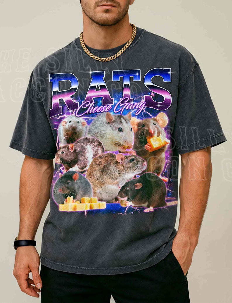 A man wearing a t-shirt with a graphic design featuring a group of rats and cheese.