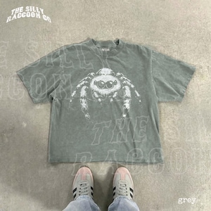 A pair of gray sneakers and a gray t-shirt with a spider design are shown on a concrete floor.