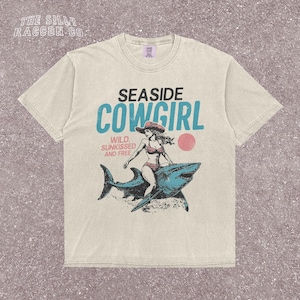 Cowgirl Summer Women's Tee, Seaside Cowgirl Shirt, Coastal Cowgirl Shirt, Funny Shark Rodeo Top, Western Beach Tee, Retro Country Girl Gift