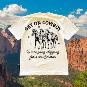 Retro Cowgirl Shirt, Funny Western Gift for Her, Get On Cowboy Graphic Tee, Vintage Nashville Outfit, Bachelorette Party T-shirt for Women