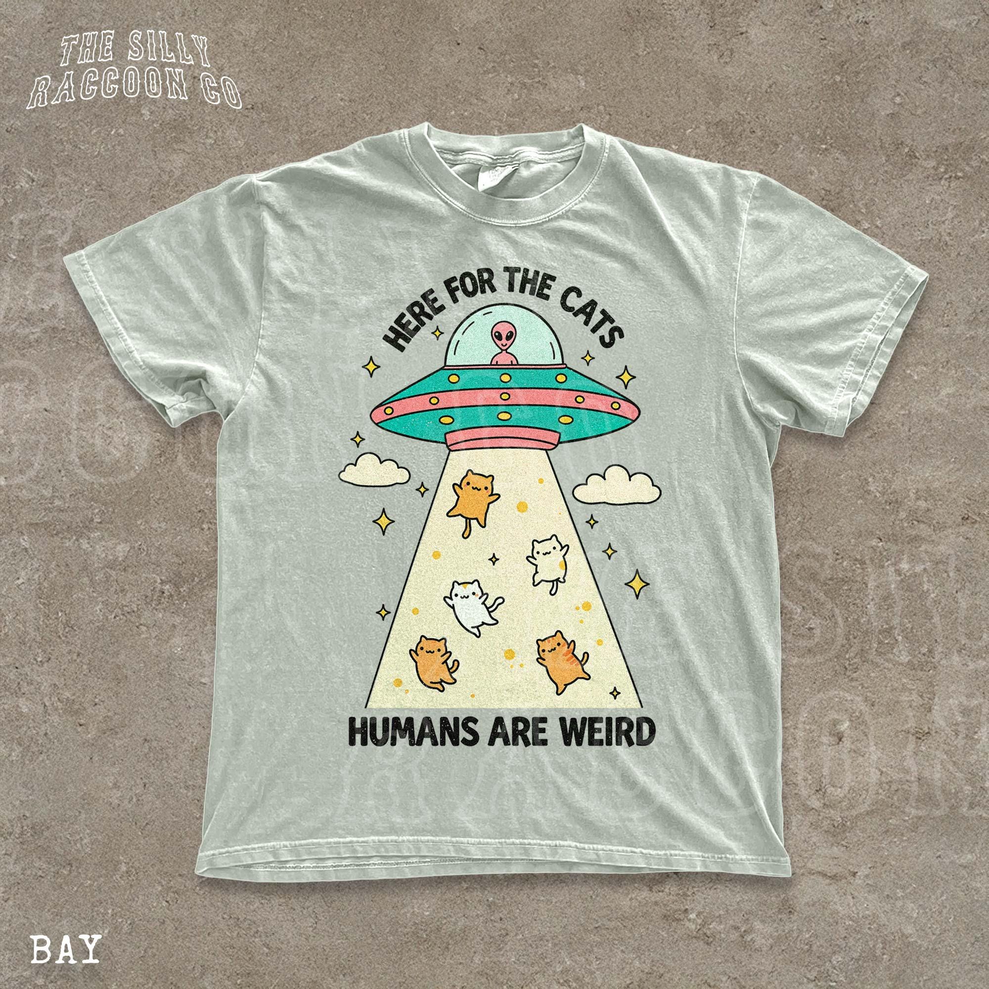Funny Cat Shirt Here for the Cats Humans Are Weird Vintage Cartoon Tee ...