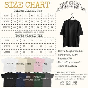 The image is a size chart for a t-shirt, including a black t-shirt and a youth classic tee, along with a black t-shirt and a youth classic tee. The chart provides measurements for different sizes, such as S, M, L, XL, XXL, and XS, and includes a list of t-shirt colors and styles.