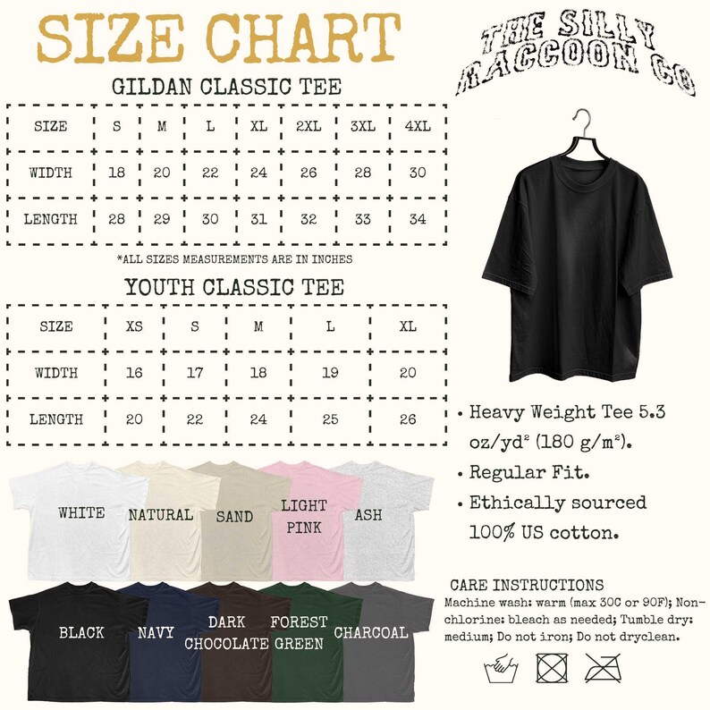 The image is a size chart for a t-shirt, including a black t-shirt and a youth classic tee, along with a black t-shirt and a youth classic tee. The chart provides measurements for different sizes, such as S, M, L, XL, XXL, and XS, and includes a list of t-shirt colors and styles.