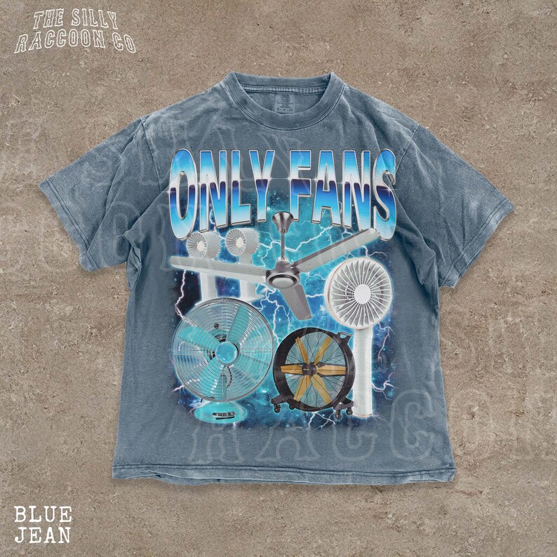 A t-shirt with a graphic design featuring various fans and a lightning bolt background, along with the text "ONLY FANS" prominently displayed.