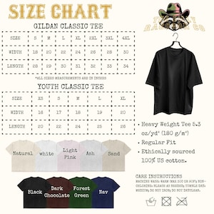 The image is a size chart for a t-shirt, providing measurements and corresponding t-shirt designs for different age groups and weight categories.