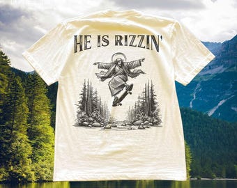 He Is Rizzin Shirt, Funny Jesus Skateboarding Tee, Vintage Christian Meme Gift for Men Women, Ironic Tee, Sarcastic Tshirt, Gag Gift