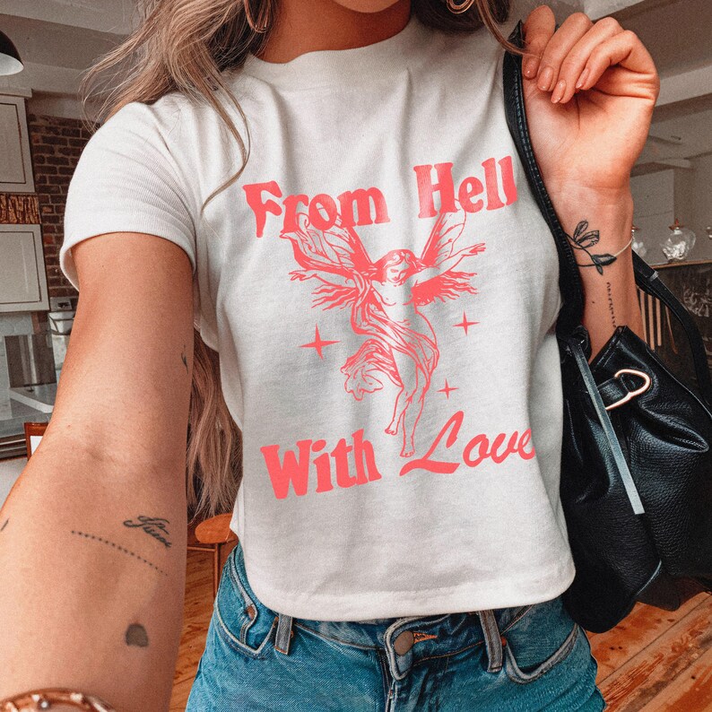 From Hell With Love Womens Crop Top Baby Tee Angel Retro Aesthetic