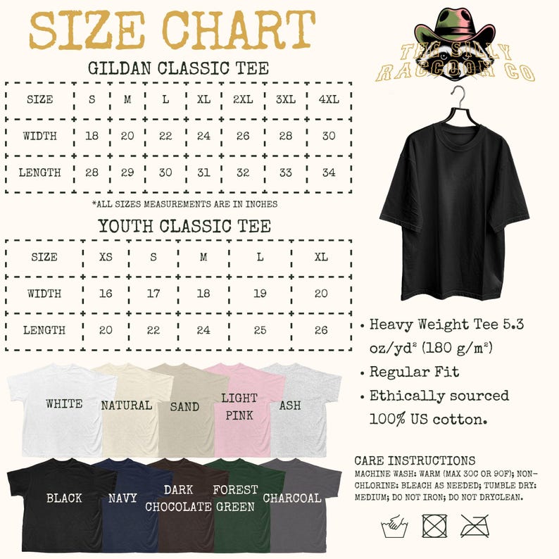 The image is a size chart for a GILDA Classic T-shirt, including a youth classic T-shirt, with a black t-shirt hanging on a hanger. The chart provides measurements for different sizes, such as S, M, L, XL, XXL, and XS, along with corresponding widths and lengths. The chart also includes a description of the t-shirt, stating that it is a heavy weight tee with a regular fit, ethically sourced, and 100% cotton.