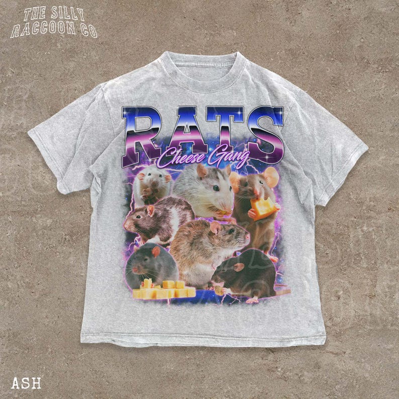 A gray t-shirt with a graphic design featuring a group of rats and cheese pieces.