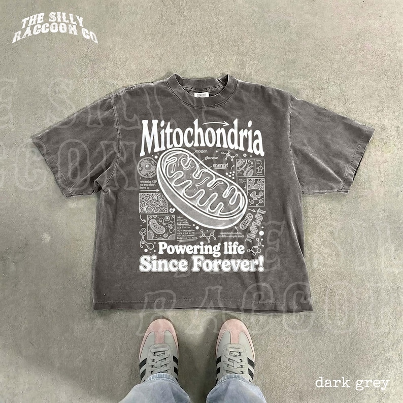 A gray t-shirt with a graphic design depicting Mitochondria, a cellular organelle, and the text "Powering life since forever!" printed on it. The t-shirt is laid out on a concrete floor, and a pair of feet is visible in the bottom right corner of the image.