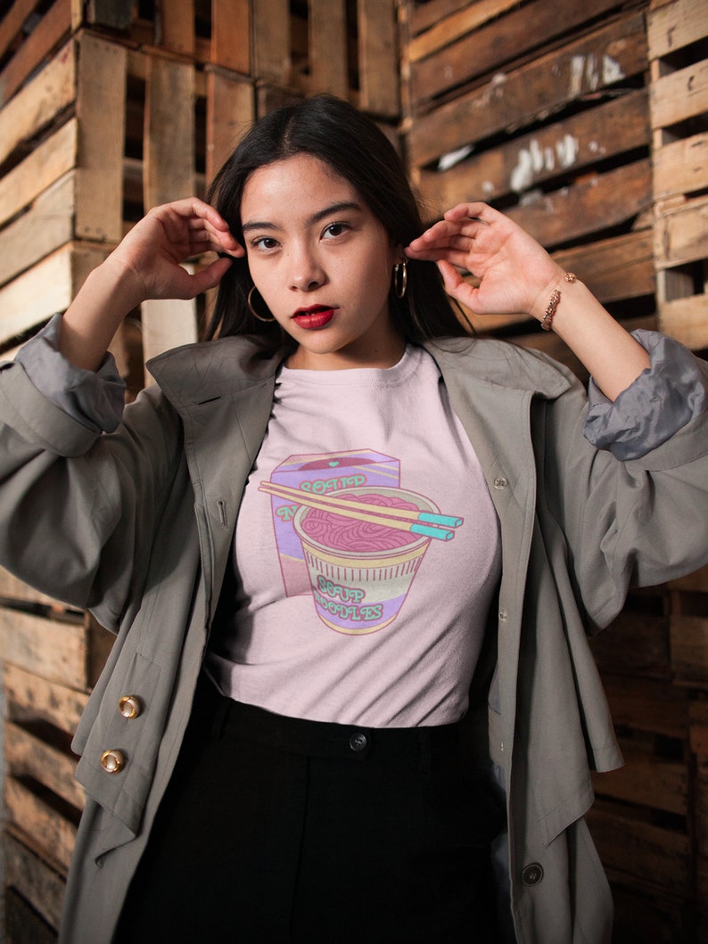 Pastel Clothing Pastel Goth Soft Cotton Tee Soup Noodles Kawaii Tee Sad Girls Anime Tee Harajuku Shirt Pink Aesthetic T-shirt