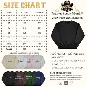 The image is a size chart for a crew neck sweatshirt, including a black crew neck sweatshirt, a crew neck sweatshirt in a lighter color, and a crew neck sweatshirt in a darker color. The chart provides measurements for different sizes, such as S, M, L, XL, XXL, and XXXL, and lists the corresponding crew neck sweatshirt styles.