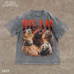 A grey t-shirt with a graphic design featuring a group of bears in various poses.