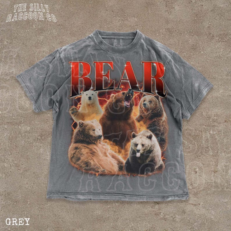 A grey t-shirt with a graphic design featuring a group of bears in various poses.