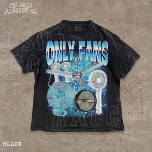 A black t-shirt with a graphic design featuring various fans and a lightning bolt background.