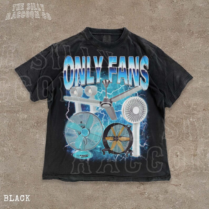 A black t-shirt with a graphic design featuring various fans and a lightning bolt background.