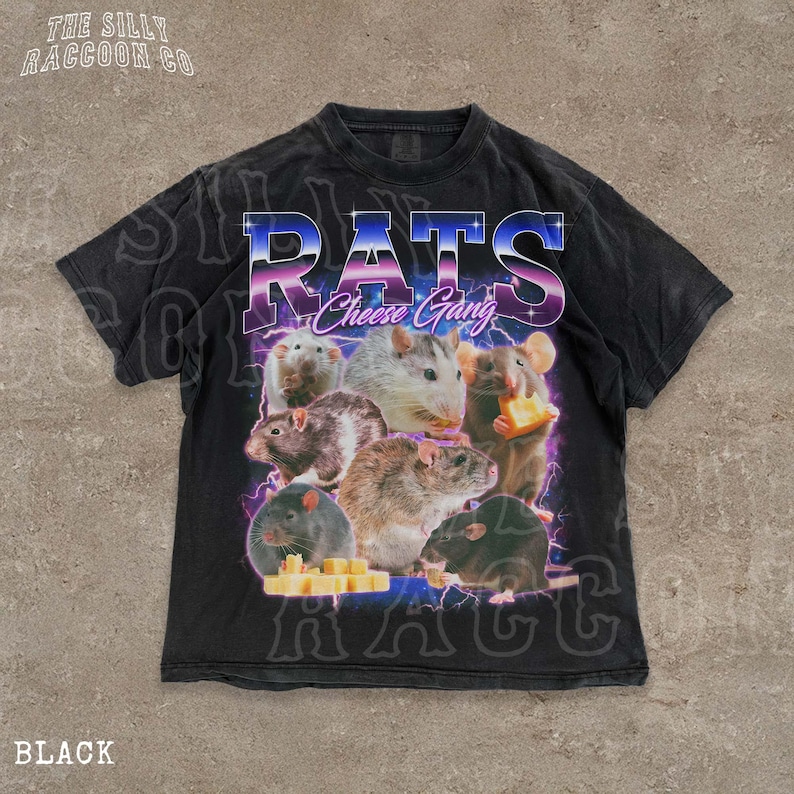 A black t-shirt with a graphic design featuring a group of rats and cheese.