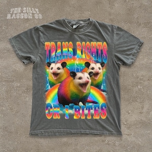 May include: Gray t-shirt featuring a colorful graphic of three opossums on a rainbow, with the text "TRANS RIGHTS OR I BITES". The shirt has a vintage, distressed look and the brand name "THE SILLY RACCOON CO" is printed at the top.