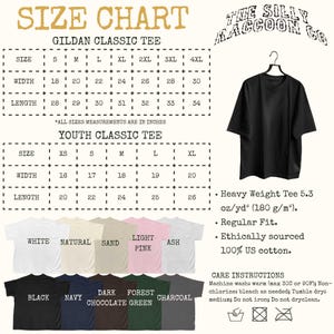 The image is a size chart for a t-shirt, including a black t-shirt and a youth classic tee, along with a black t-shirt and a youth classic tee. The chart provides measurements for different sizes, such as S, M, L, XL, XXL, and XS, and includes a list of t-shirt colors and styles.