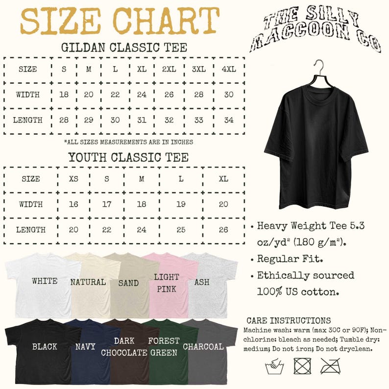 The image is a size chart for a t-shirt, including a black t-shirt and a youth classic tee, along with a black t-shirt and a youth classic tee. The chart provides measurements for different sizes, such as S, M, L, XL, XXL, and XS, and includes a list of t-shirt colors and styles.