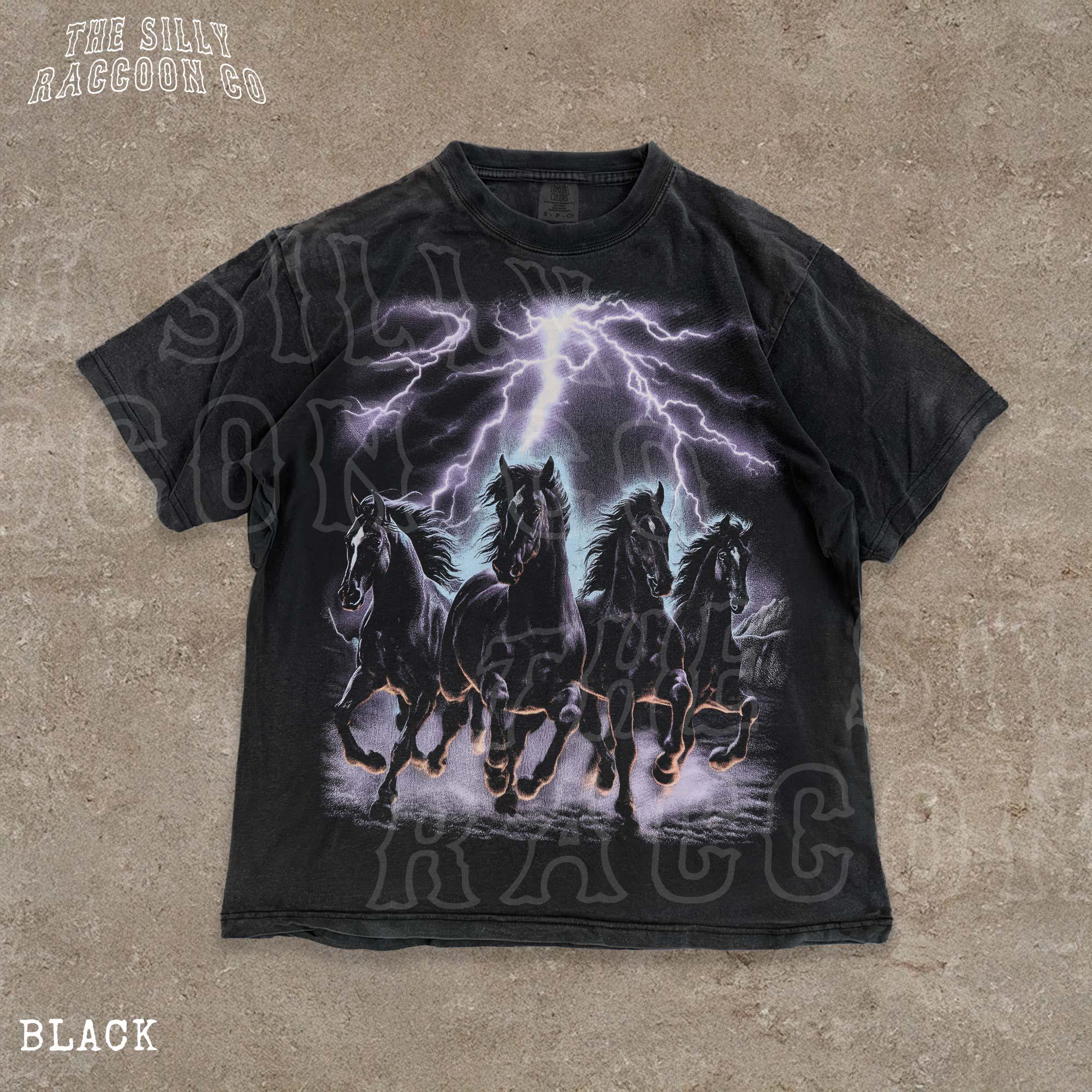 Vintage Horse Faded T-shirt, 90s Lightning Graphic Tee for Men
