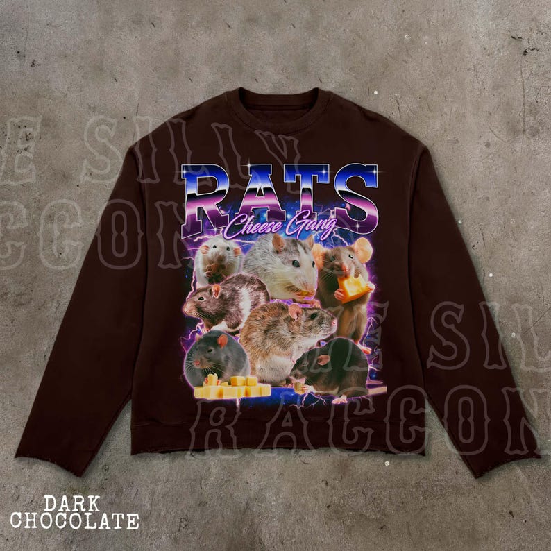 A brown sweatshirt with a graphic design featuring a group of rats and cheese.