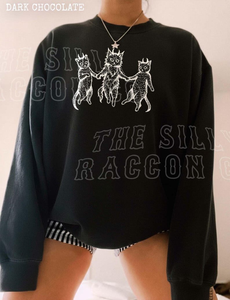 A person wearing a black sweatshirt with a graphic design featuring three cats.