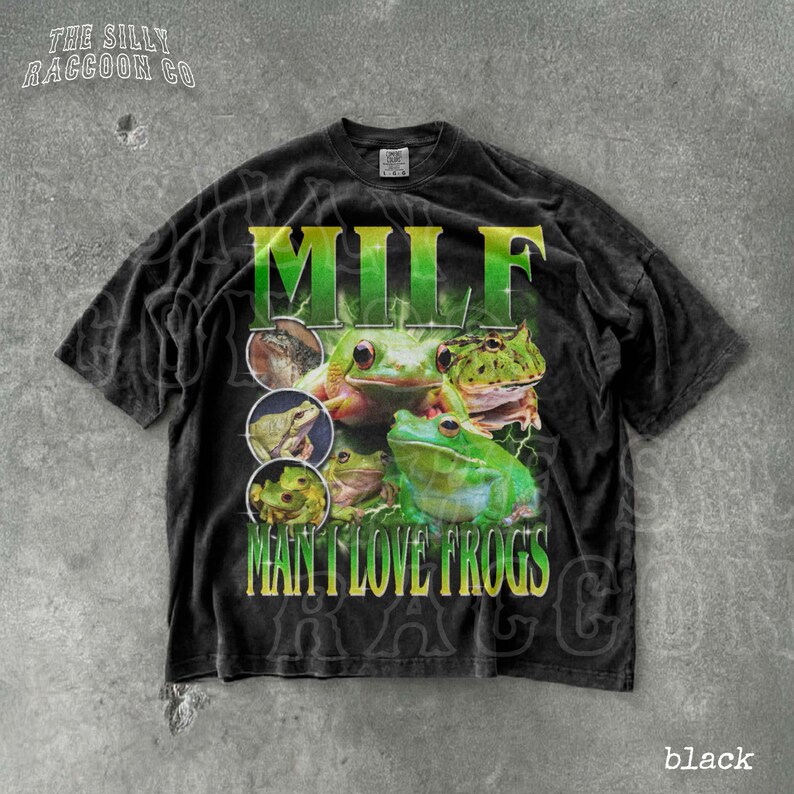 A black t-shirt with a graphic design featuring multiple images of frogs.