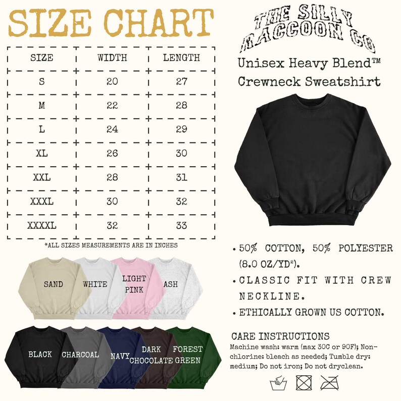 The image is a size chart for a crew neck sweatshirt from The Silky Raccoon Co. It includes a table with measurements for different sizes and a photograph of the sweatshirt in various colors.