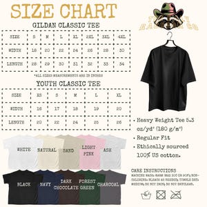 The image is a size chart for a GILDA Classic T-shirt, including a youth classic T-shirt, with a black t-shirt hanging on a hanger. The chart provides measurements for different sizes, such as S, M, L, XL, XXL, and XS, along with corresponding widths and lengths. The chart also includes a description of the t-shirt, stating that it is a heavy weight tee with a regular fit, ethically sourced, and 100% cotton.