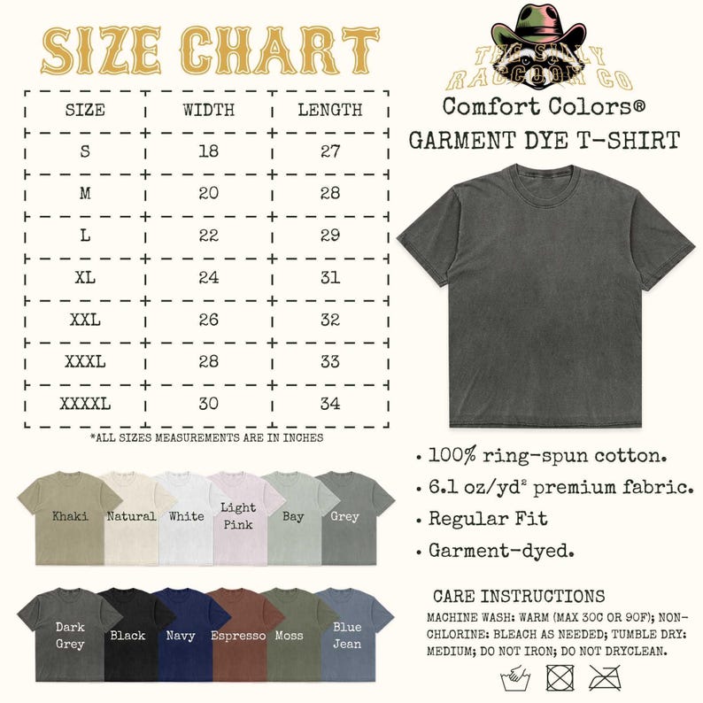 The image is a size chart for a garment dye t-shirt from the brand "TIGER TACTS CO." It provides measurements for different sizes, including "S", "M", "L", "XL", "XXL", "XXL", and "XL" along with corresponding widths and lengths. The chart also lists the garment dye t-shirt's features, such as 100% ring-spun cotton, 6.1 oz/yd premium fabric, and regular fit. Additionally, the chart provides care instructions for the garment, including washing, drying, and ironing.