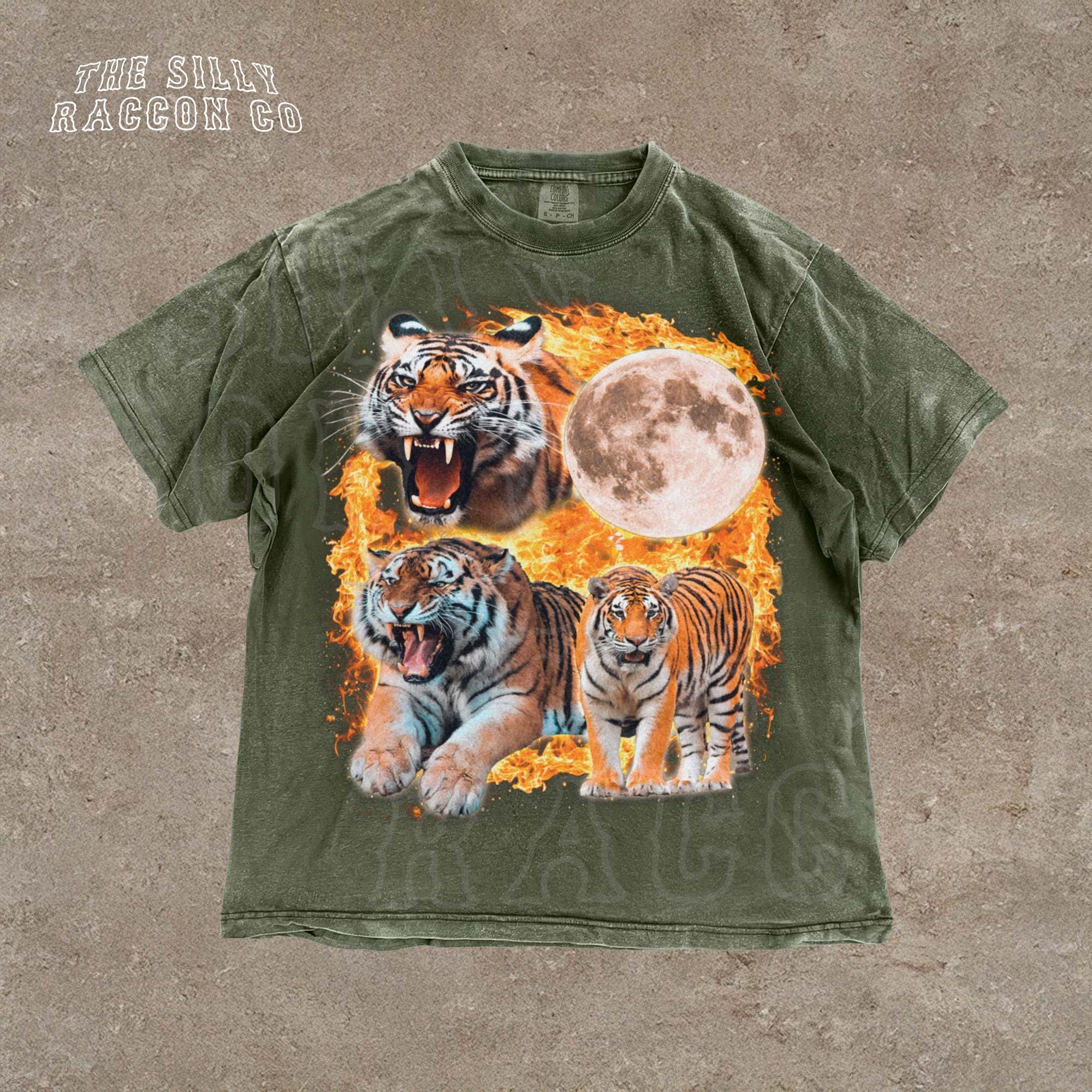 Vintage Tiger Faded Shirt, Moonlight Y2K Graphic Tee for Men Women