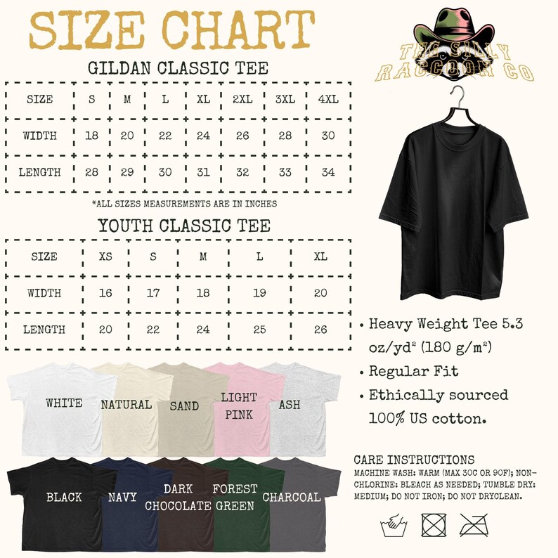 The image is a size chart for a GILDA Classic T-shirt, including a youth classic T-shirt, with a black t-shirt hanging on a hanger. The chart provides measurements for different sizes, such as S, M, L, XL, XXL, and XS, along with corresponding widths and lengths. The chart also includes a description of the t-shirt, stating that it is a heavy weight tee with a regular fit, ethically sourced, and 100% cotton.