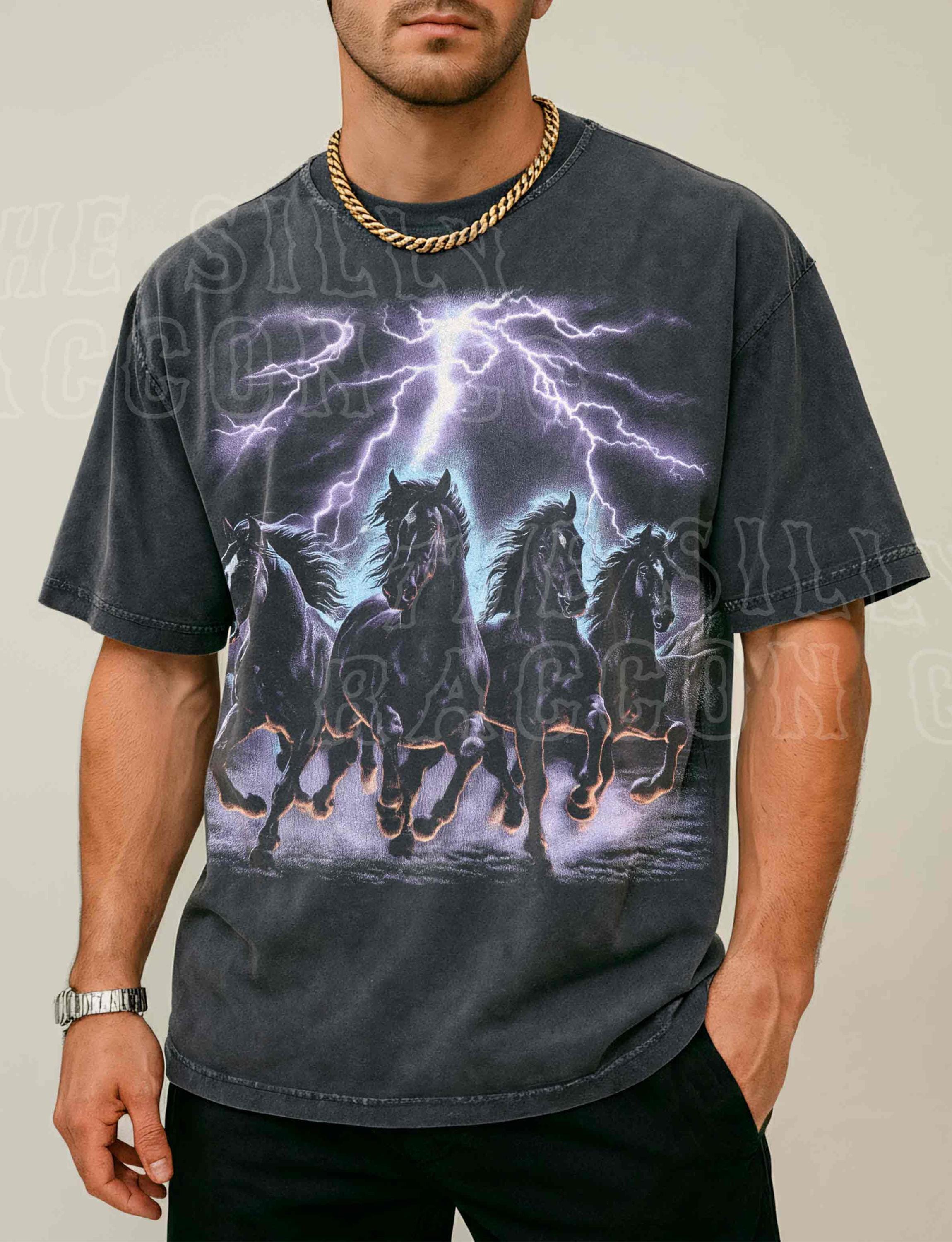 ヴィンテージホースフェードTシャツ、90年代ライトニンググラフィックT