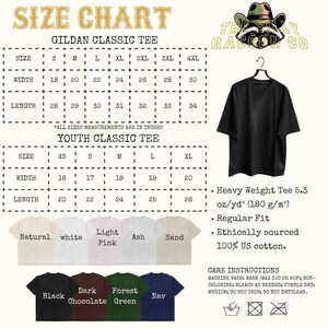The image is a size chart for a GILDA Classic T-shirt, including measurements and color options. It also displays a black t-shirt hanging on a hanger and provides care instructions for the t-shirt.