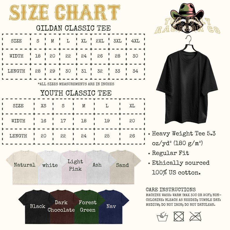 The image is a size chart for a t-shirt, providing measurements and corresponding t-shirt designs for different age groups and weight categories.