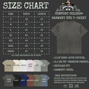 The image is a size chart for a garment dye t-shirt from the RACCOON COLORS Co. It provides measurements for different sizes, including S, M, L, XL, XXL, and XXXL, along with corresponding comfort colors. The chart also includes a list of color options and care instructions for the garment dye t-shirt.
