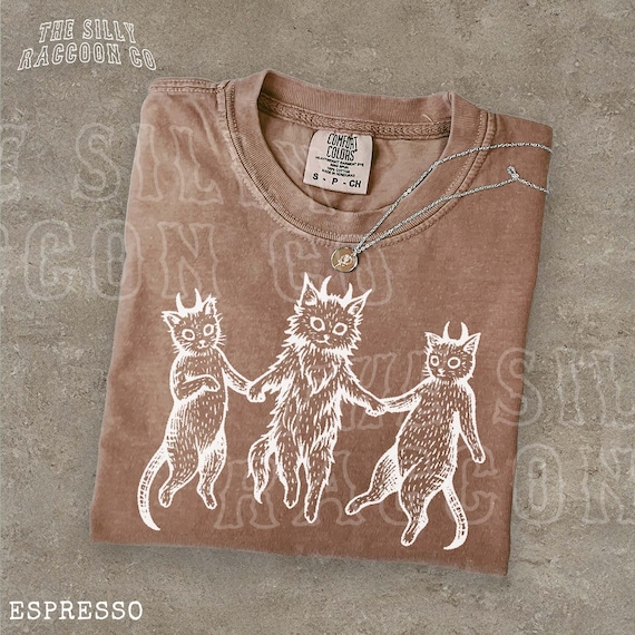 Occult Devil Cat Shirt for Men Women, Vintage Goblincore Linocut T-Shirt, Funny Alt Clothing, Indie Folk Art Graphic Top, Halloween Gift