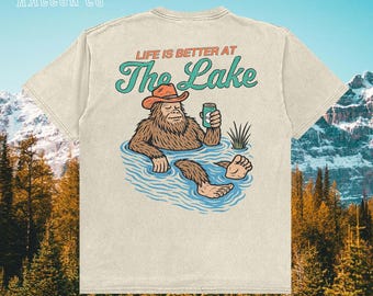 Vintage Bigfoot Shirt for Men Women, Life Is Better at The Lake Cryptidcore T-shirt, Funny Lake Life Gift, Outdoors Cowboy Sasquatch Tee