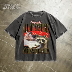 Retro 90s Raccoon Meme T-Shirt | Honestly All My Systems Are Nervous | Anxiety Shirt | Mental Health Gift | Introvert Tee | Self Care Gift