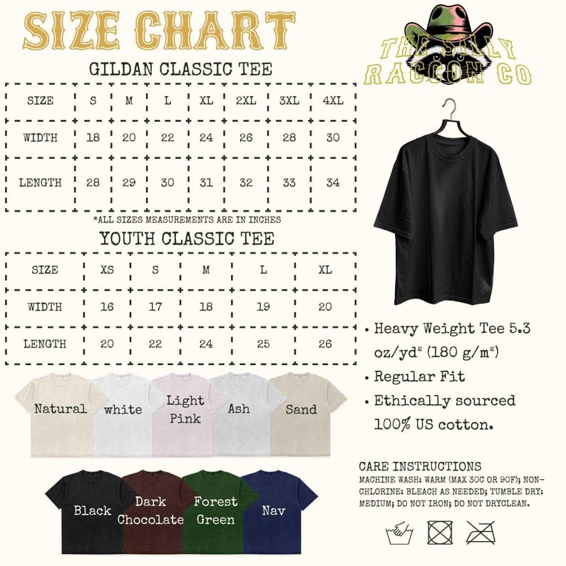 The image is a size chart for a GILDA Classic T-shirt, including measurements and color options. It also displays a black t-shirt hanging on a hanger and provides care instructions for the t-shirt.