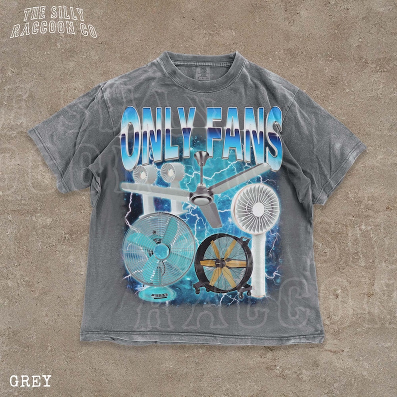 A grey t-shirt with a graphic design featuring various fans and a lightning bolt background.