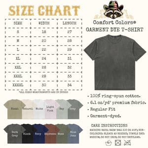 The image is a size chart for a garment dye t-shirt from the brand "TIGER TACTS CO." It provides measurements for different sizes, including "S", "M", "L", "XL", "XXL", "XXL", and "XL" along with corresponding widths and lengths. The chart also lists the garment dye t-shirt's features, such as 100% ring-spun cotton, 6.1 oz/yd premium fabric, and regular fit. Additionally, the chart provides care instructions for the garment, including washing, drying, and ironing.