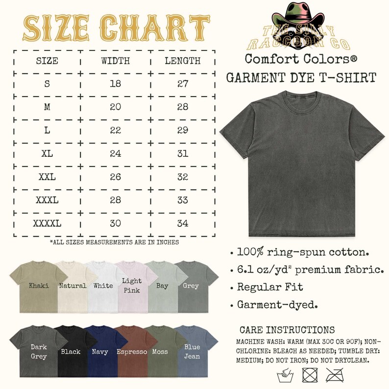 The image is a size chart for a garment dye t-shirt from the brand "TIGER TACTS CO." It provides measurements for different sizes, including "S", "M", "L", "XL", "XXL", "XXL", and "XL" along with corresponding widths and lengths. The chart also lists the garment dye t-shirt's features, such as 100% ring-spun cotton, 6.1 oz/yd premium fabric, and regular fit. Additionally, the chart provides care instructions for the garment, including washing, drying, and ironing.