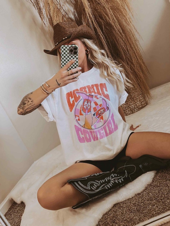 Cosmic Cowgirl Shirt, Vintage Western T-Shirt, Pink Disco Boots Shirt for Women, Vintage Style Country Clothing, Retro Rodeo Outfit