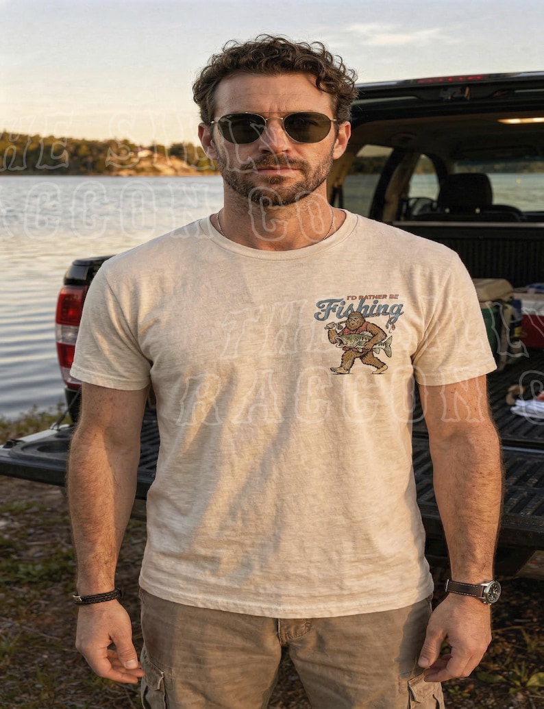 A man wearing sunglasses and a t-shirt with a fishing graphic stands in front of a pickup truck near a body of water.