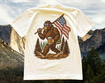Bigfoot T-Shirt, Funny Patriotic Sasquatch Shirt for Men Women, American Flag Beer Tee, Vintage Hiking Gift for Dad, 4th of July Tshirt