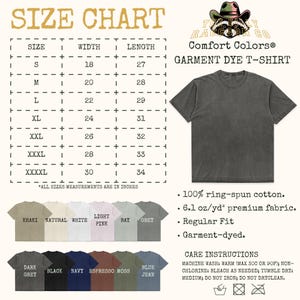 The image is a size chart for a garment dye t-shirt from the brand "TIGER RACING CO." It provides measurements for different sizes, including "S", "M", "L", "XL", "XXL", "XXI", "XII", "XIIX", and "XII". The chart also includes a list of color options and corresponding sizes, along with care instructions for washing and drying the t-shirt.