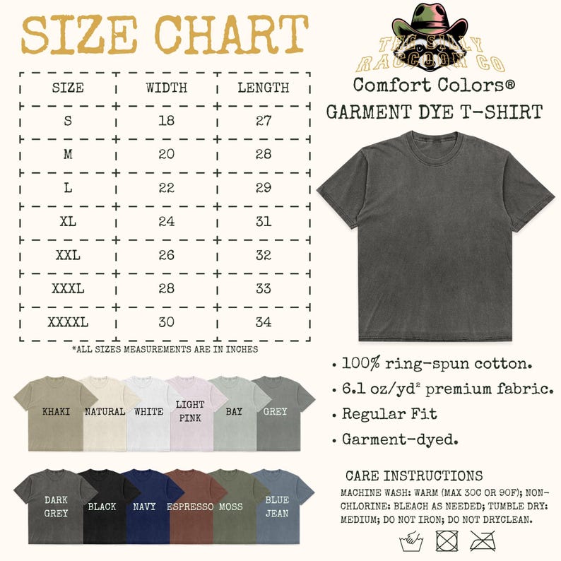 The image is a size chart for a garment dye t-shirt from the brand "TIGER RACING CO." It provides measurements for different sizes, including "S", "M", "L", "XL", "XXL", "XXI", "XII", "XIIX", and "XII". The chart also includes a list of color options and corresponding sizes, along with care instructions for washing and drying the t-shirt.