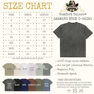 The image is a size chart for a garment dyed t-shirt from the brand "TIGER RACING CO." It provides measurements for different sizes, including "S", "M", "L", "XL", "XXL", "XXL", and "XL" along with corresponding widths and lengths. The chart also includes a list of color options and sizes, along with care instructions for washing and drying the t-shirt.